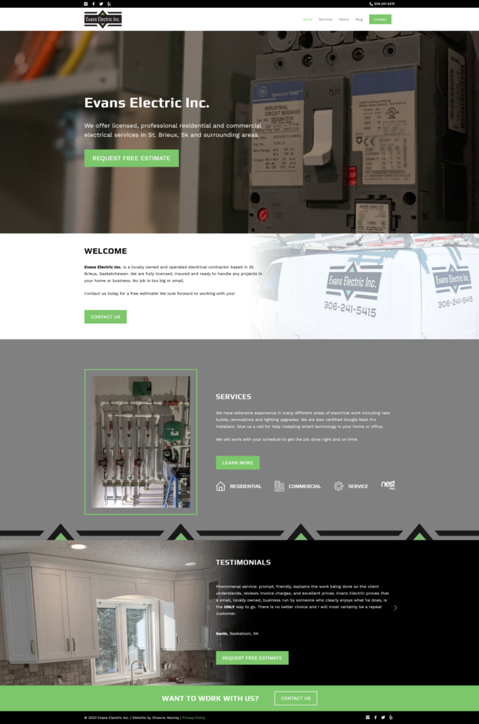 A screenshot of the homepage of evanselectric.ca